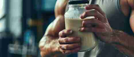 Photo people concept close up of man with jar and bottle preparing protein shakes for sport fitness and healthy living