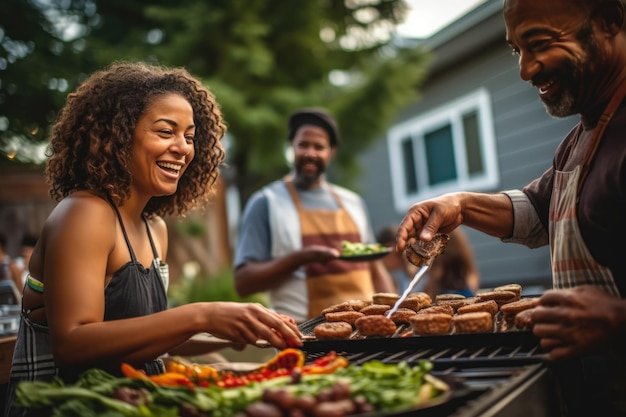 People cooking summer BBQ dinner at house backyard