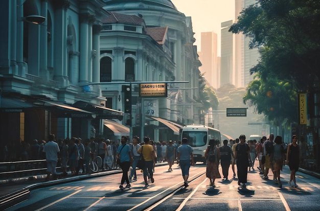 Photo people crossing a city street in singapore