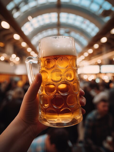 People in a crowd hoisting beer mugs high