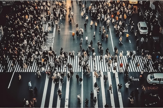 People crowd on pedestrian crosswalk Top view background AI