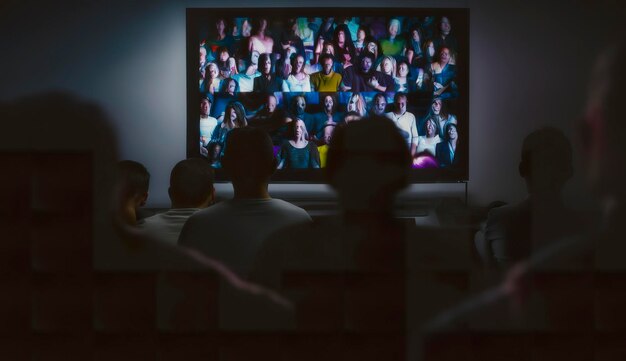 People crowd watching TV TV addiction propaganda and fake news concept