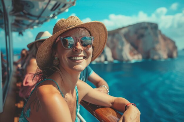 People on a cruise ship smiling and looking out on the sea and islands Generative AI