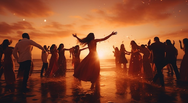 Photo people dance in the evening on the beach