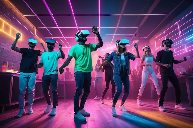 Фото Люди танцуют на захватывающей вечеринке с наушниками виртуальной реальности и яркими неоновыми цветами
