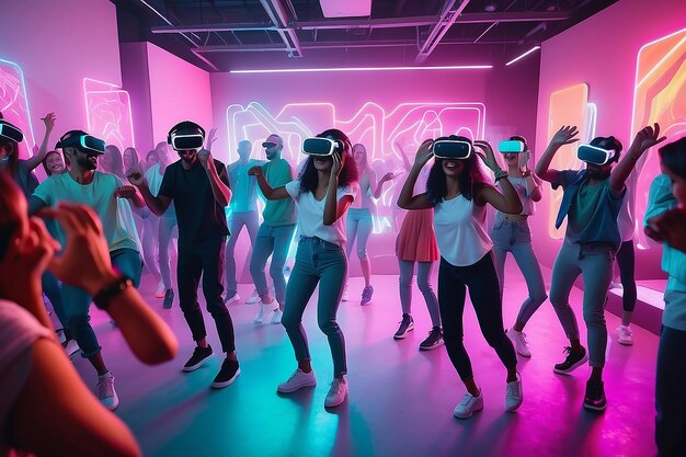 Фото Люди танцуют на захватывающей вечеринке с наушниками виртуальной реальности и яркими неоновыми цветами