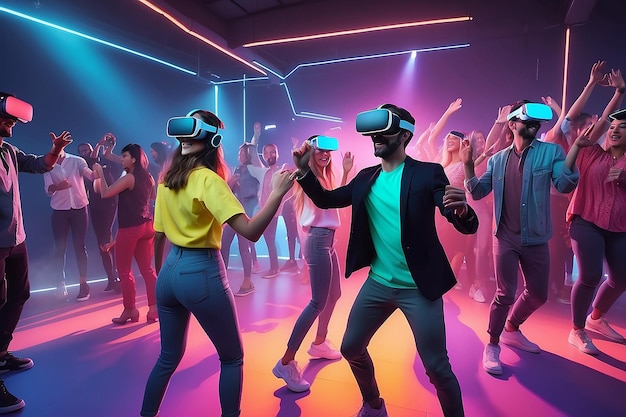 Foto persone che ballano ad una festa immersiva con cuffie di realtà virtuale e colori al neon brillanti