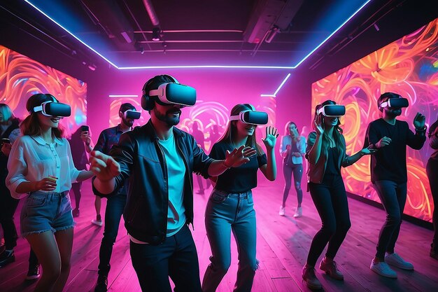 Foto persone che ballano ad una festa immersiva con cuffie di realtà virtuale e colori al neon brillanti