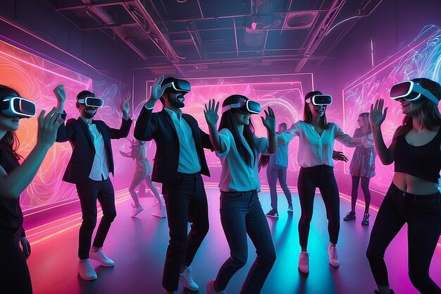 Photo people dancing at an immersive party with virtual reality headset and bright neon colors