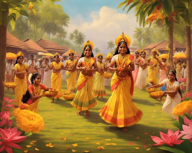 Photo people dancing in the onam festival with joy and happiness