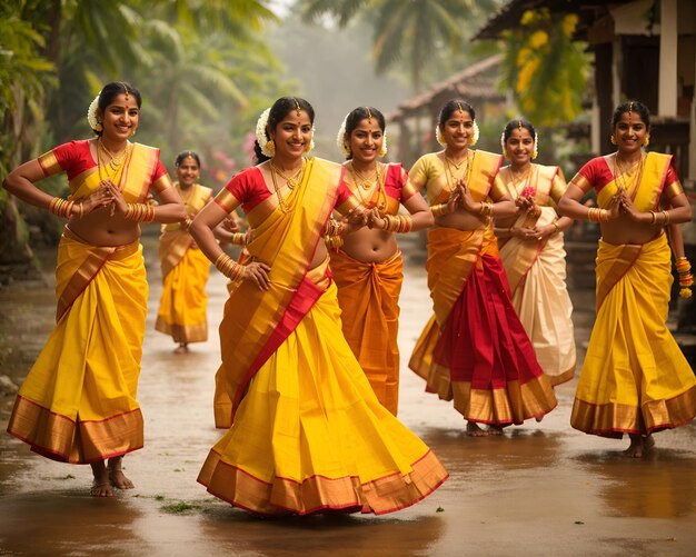 Photo people dancing in the onam festival with joy and happiness