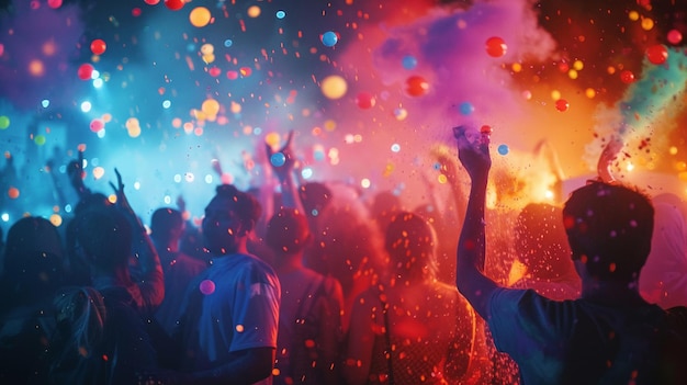 People dancing at a party with colorful lights and confetti