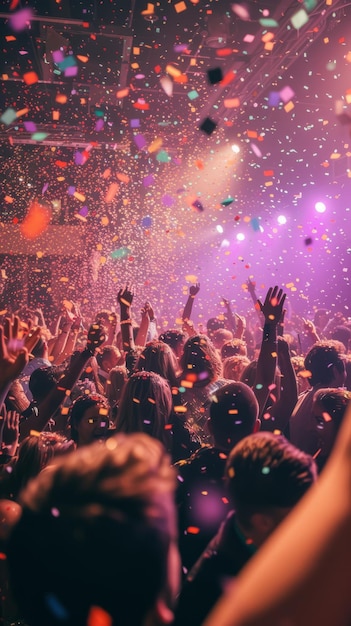 Persone che ballano a una festa con i confetti che cadono dal soffitto