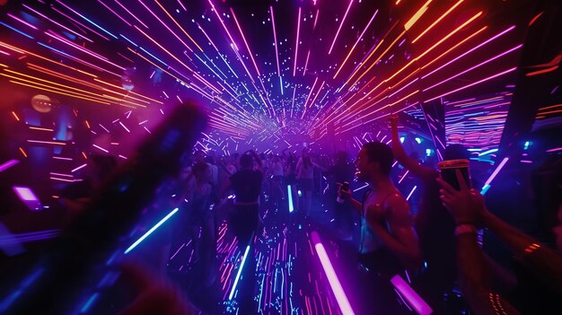 Foto gente che balla ad un rave l'immagine è buia e sfocata con l'unica luce proveniente dalle luci al neon sulle pareti