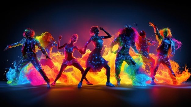 Люди танцуют с светящимися неоновыми аксессуарами