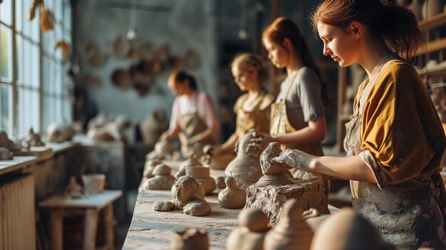 People of different ages sculpt from clay in the studio Creativity escapism sculpture diversity