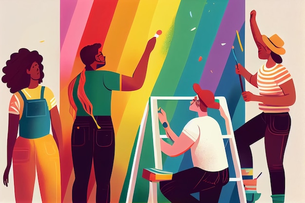 People of different nationalities indoors paint with rainbow paint on the wall Pride concept AI