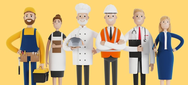 Photo people of different professions builder female waiter cook engineer doctor and teacher labor day 3d illustration in cartoon style