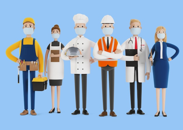 People of different professions in medical masks. Builder, female waiter, cook, engineer, doctor and teacher. Labor Day. 3D illustration in cartoon style.