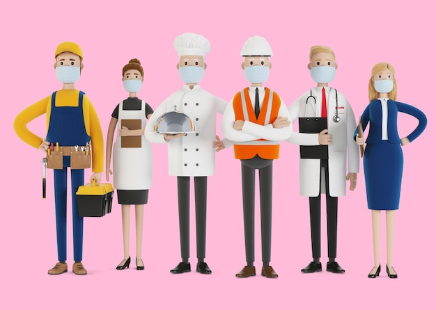 People of different professions in medical masks. Builder, female waiter, cook, engineer, doctor and teacher. Labor Day. 3D illustration in cartoon style.