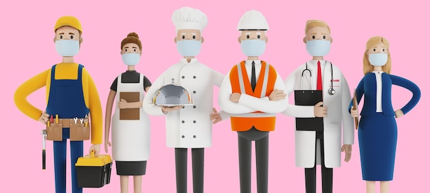 Persone di diverse professioni in maschere mediche builder femminile cameriere cuoco ingegnere medico e insegnante labor day 3d illustrazione in stile cartone animato