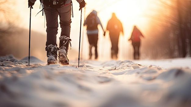 Люди, занимающиеся скандинавским спортом в лесу в зимний сезон