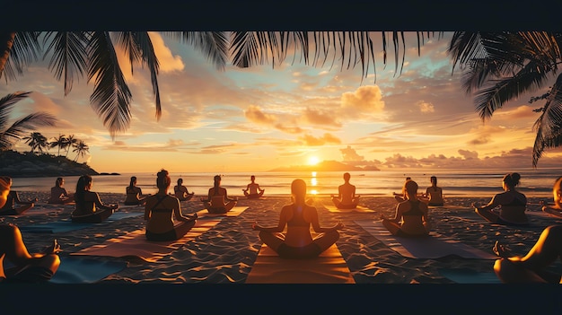 Photo people doing yoga on the beach at sunset