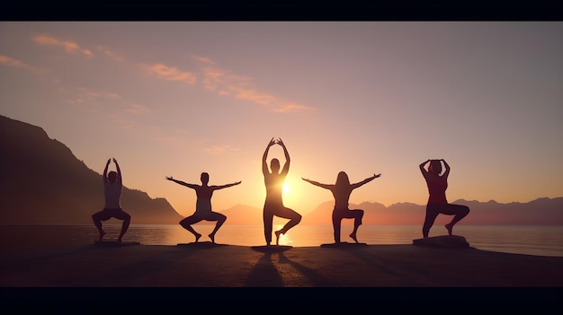 People doing yoga on a beach at sunset