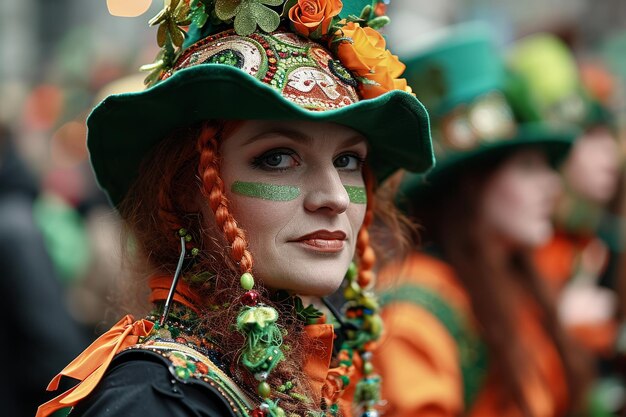 세련된 세인트 패트릭스 데이 의상을 입은 사람들 또는 전통적인 아일랜드 의상을 입은 사람들