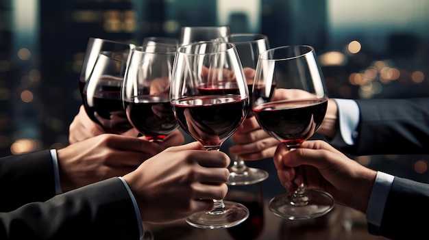 Люди пьют вино, наслаждаясь ночью на фоне города, празднуя успешную сделку.