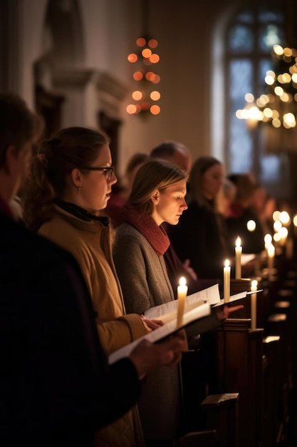 Foto persone durante il tradizionale servizio natalizio in una chiesa buia con candele che bruciano la messa natalizia