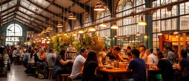 Foto la gente mangia in un ristorante nel famoso mercato storico di san telmo a buenos aires.