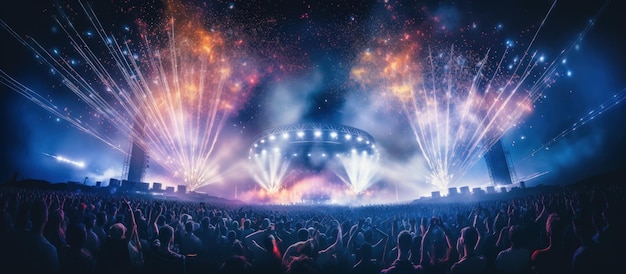 People enjoy at a music concert with epic lights and fireworks in the night on the arena stadium