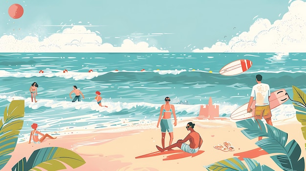 写真 ビーチで一日を楽しんでいる人たち泳いでいる人たち日光浴をしている人たち砂で遊んでいる人たち