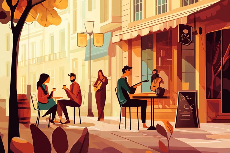 Photo people enjoying coffee outdoors a cartoon image of generative ai