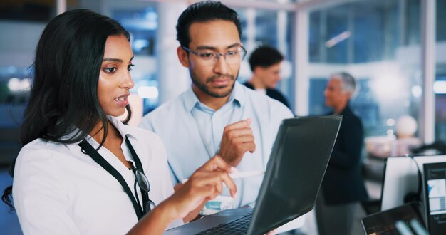 people explain and developer on laptop in office of programming coding training and check server team mentor and helping for app testing it intern and web application and troubleshooting system