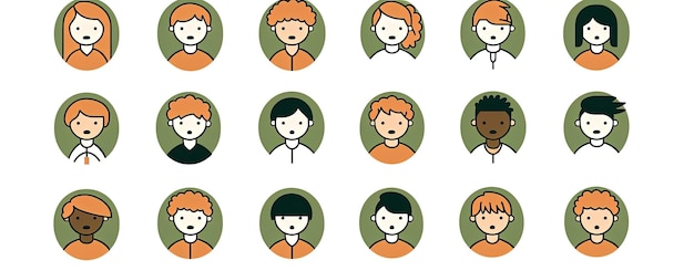 Photo people face icon set with different faces and hair in the style of light orange and dark green
