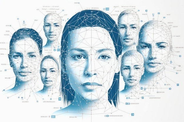 Каркасная иллюстрация концепции распознавания лиц людей с изображением головы человека, показывающая биометрическое обнаружение