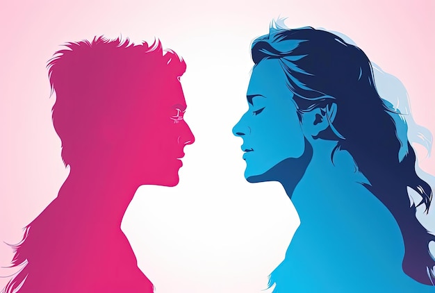 people face to with pink in the middle in the style of light blue and magenta