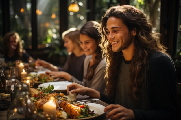 People in family celebrate thank giving day together in dinning room