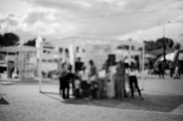 People , Family in a recreation park. Abstract blur people picnic in public park with family or friends, urban leisure lifestyle. Defocused background. Black and white processing