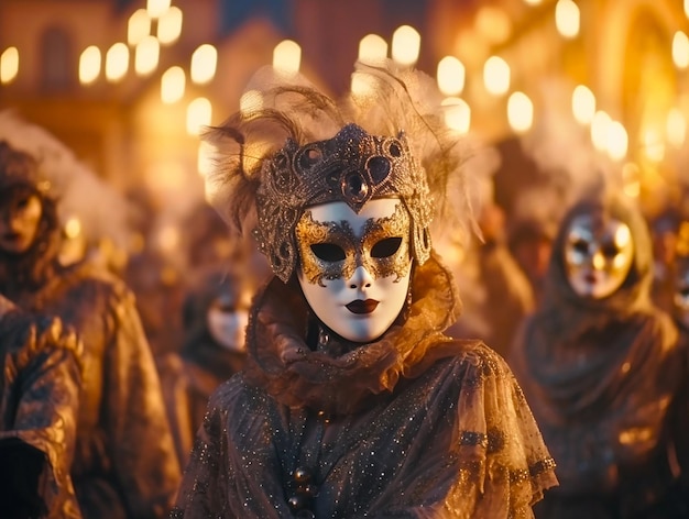 ヴェネツィアのカーニバルで派手な仮面をかぶった人々