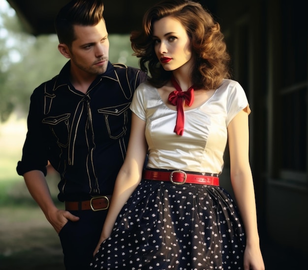 People fashion clothing 1950 in the style of iconic rock and roll imagery Times of driving music trendy hairstyles stylish clothes daring deeds leather jackets and colorful dresses