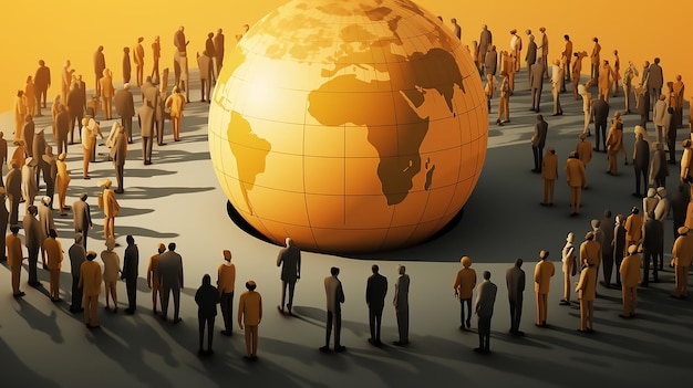 People forming a big group over a world model International migrants day a globe 3D illustration