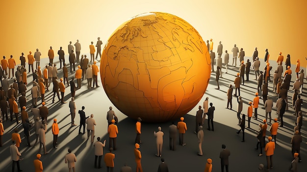 People forming a big group over a world model International migrants day a globe 3D illustration