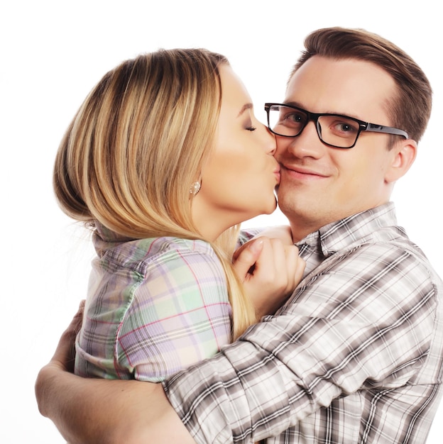 people friendship love and leisure concept Thoughtful couple hugging isolated over white background