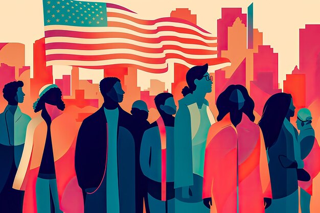 Фото Люди из всех слоев общества, стоящие перед флагом сша и америки абстрактная иллюстрация
