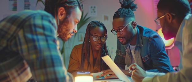 People from various ethnicities using notes laptops and tablets to solve a problem at the office Teammates give constructive feedback to each other