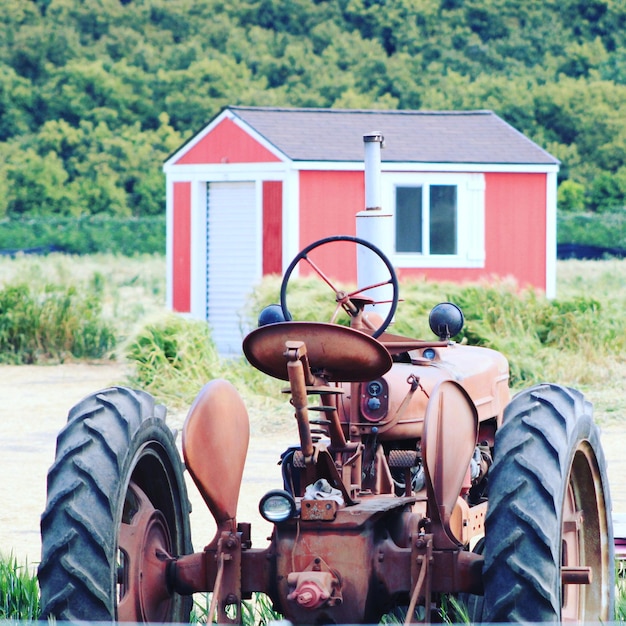 People in front of tractor on field