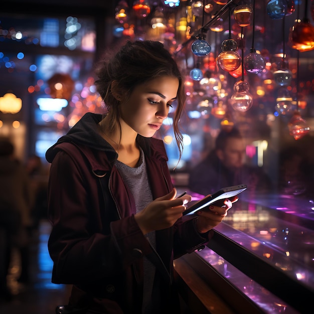 people in a futuristic Bar watching on her smartphone and checking their social media accounts